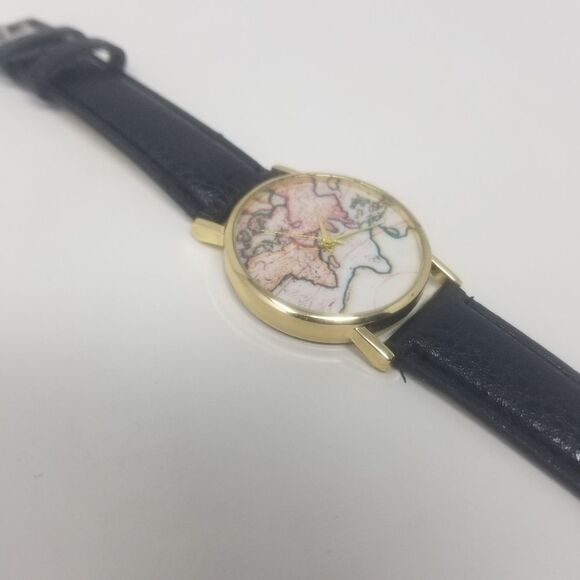 World Map Fashionable Vintage Inspired Gold Bezel Black Faux Leather Wristwatch - Picture 4 of 9